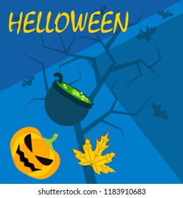 Halloween autumn pumpkin fallen leaf witch cauldron vector
