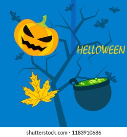 Halloween autumn pumpkin fallen leaf witch cauldron vector