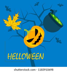 Halloween autumn pumpkin fallen leaf witch cauldron vector