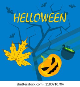 Halloween autumn pumpkin fallen leaf witch cauldron vector