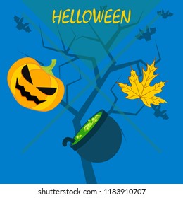 Halloween autumn pumpkin fallen leaf witch cauldron vector