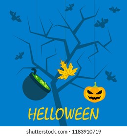 Halloween autumn pumpkin fallen leaf witch cauldron vector