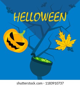 Halloween autumn pumpkin fallen leaf witch cauldron vector