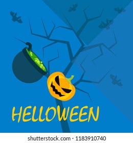 Halloween autumn pumpkin fallen leaf witch cauldron vector