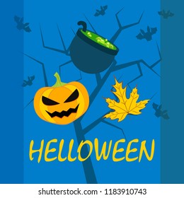 Halloween autumn pumpkin fallen leaf witch cauldron vector