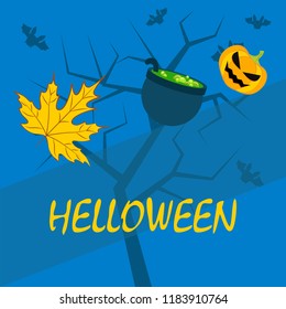 Halloween autumn pumpkin fallen leaf witch cauldron vector