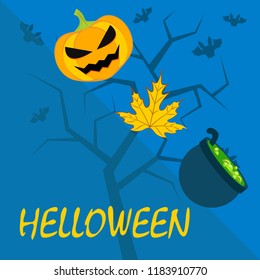 Halloween autumn pumpkin fallen leaf witch cauldron vector
