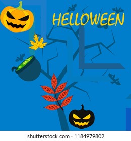 Halloween autumn pumpkin fallen leaf witch cauldron vector