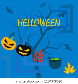 Halloween autumn pumpkin fallen leaf witch cauldron vector
