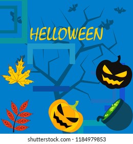 Halloween autumn pumpkin fallen leaf witch cauldron vector