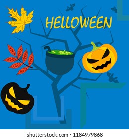 Halloween autumn pumpkin fallen leaf witch cauldron vector