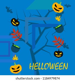 Halloween autumn pumpkin fallen leaf witch cauldron vector