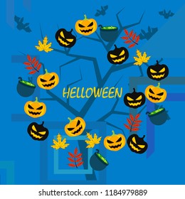 Halloween autumn pumpkin fallen leaf witch cauldron vector