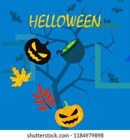 Halloween autumn pumpkin fallen leaf witch cauldron vector