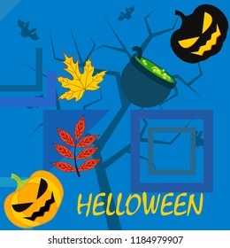 Halloween autumn pumpkin fallen leaf witch cauldron vector