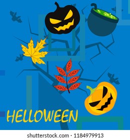 Halloween autumn pumpkin fallen leaf witch cauldron vector
