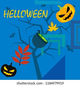 Halloween autumn pumpkin fallen leaf witch cauldron vector
