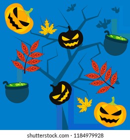 Halloween autumn pumpkin fallen leaf witch cauldron vector