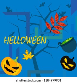 Halloween autumn pumpkin fallen leaf witch cauldron vector