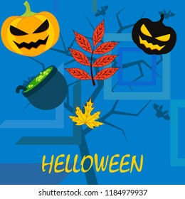 Halloween autumn pumpkin fallen leaf witch cauldron vector