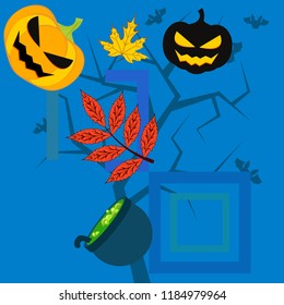 Halloween autumn pumpkin fallen leaf witch cauldron vector