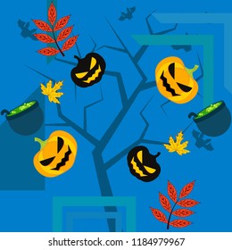 Halloween autumn pumpkin fallen leaf witch cauldron vector