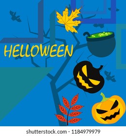 Halloween autumn pumpkin fallen leaf witch cauldron vector