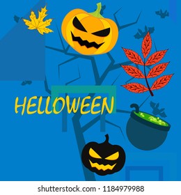 Halloween autumn pumpkin fallen leaf witch cauldron vector