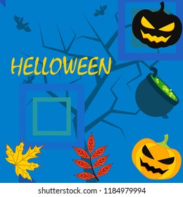 Halloween autumn pumpkin fallen leaf witch cauldron vector