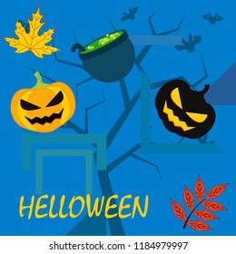 Halloween autumn pumpkin fallen leaf witch cauldron vector