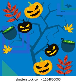 Halloween autumn pumpkin fallen leaf witch cauldron vector