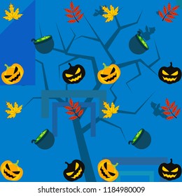 Halloween autumn pumpkin fallen leaf witch cauldron vector