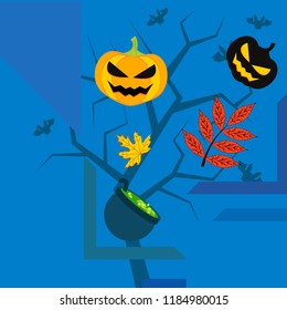 Halloween autumn pumpkin fallen leaf witch cauldron vector