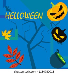 Halloween autumn pumpkin fallen leaf witch cauldron vector