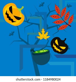 Halloween autumn pumpkin fallen leaf witch cauldron vector