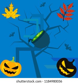Halloween autumn pumpkin fallen leaf witch cauldron vector