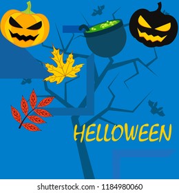 Halloween autumn pumpkin fallen leaf witch cauldron vector