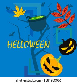Halloween autumn pumpkin fallen leaf witch cauldron vector