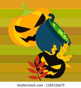 Halloween autumn pumpkin fallen leaf witch cauldron vector