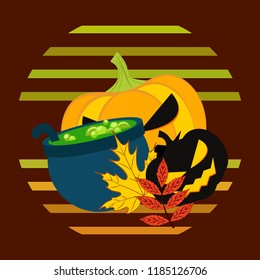 Halloween autumn pumpkin fallen leaf witch cauldron vector