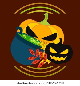 Halloween autumn pumpkin fallen leaf witch cauldron vector