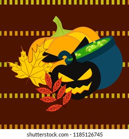 Halloween autumn pumpkin fallen leaf witch cauldron vector