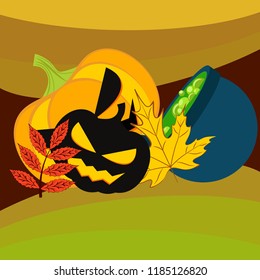 Halloween autumn pumpkin fallen leaf witch cauldron vector