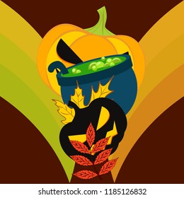 Halloween autumn pumpkin fallen leaf witch cauldron vector