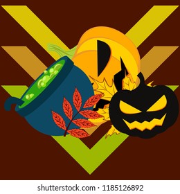 Halloween autumn pumpkin fallen leaf witch cauldron vector