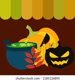 Halloween autumn pumpkin fallen leaf witch cauldron vector