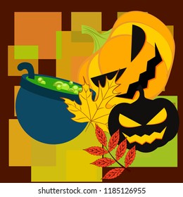 Halloween autumn pumpkin fallen leaf witch cauldron vector