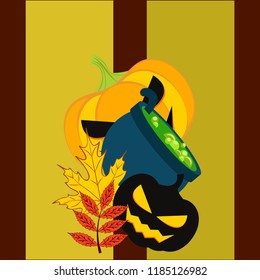 Halloween autumn pumpkin fallen leaf witch cauldron vector