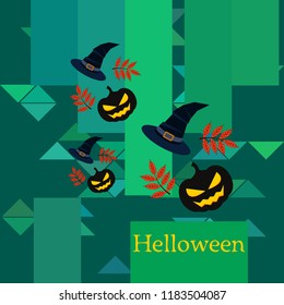 halloween autumn pumpkin fallen leaves, pumpkin and witch hat vector