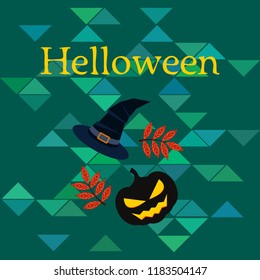 halloween autumn pumpkin fallen leaves, pumpkin and witch hat vector